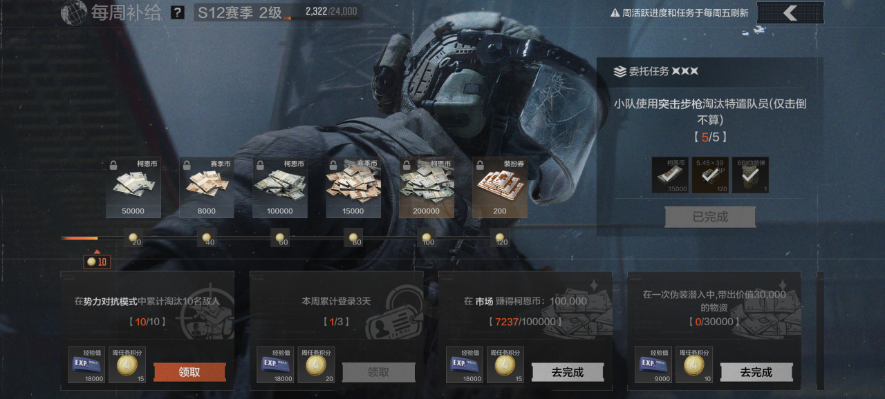 《暗区突围》S12赛季手册「北国内卫」主题，蓝色迷彩风暴席卷战场